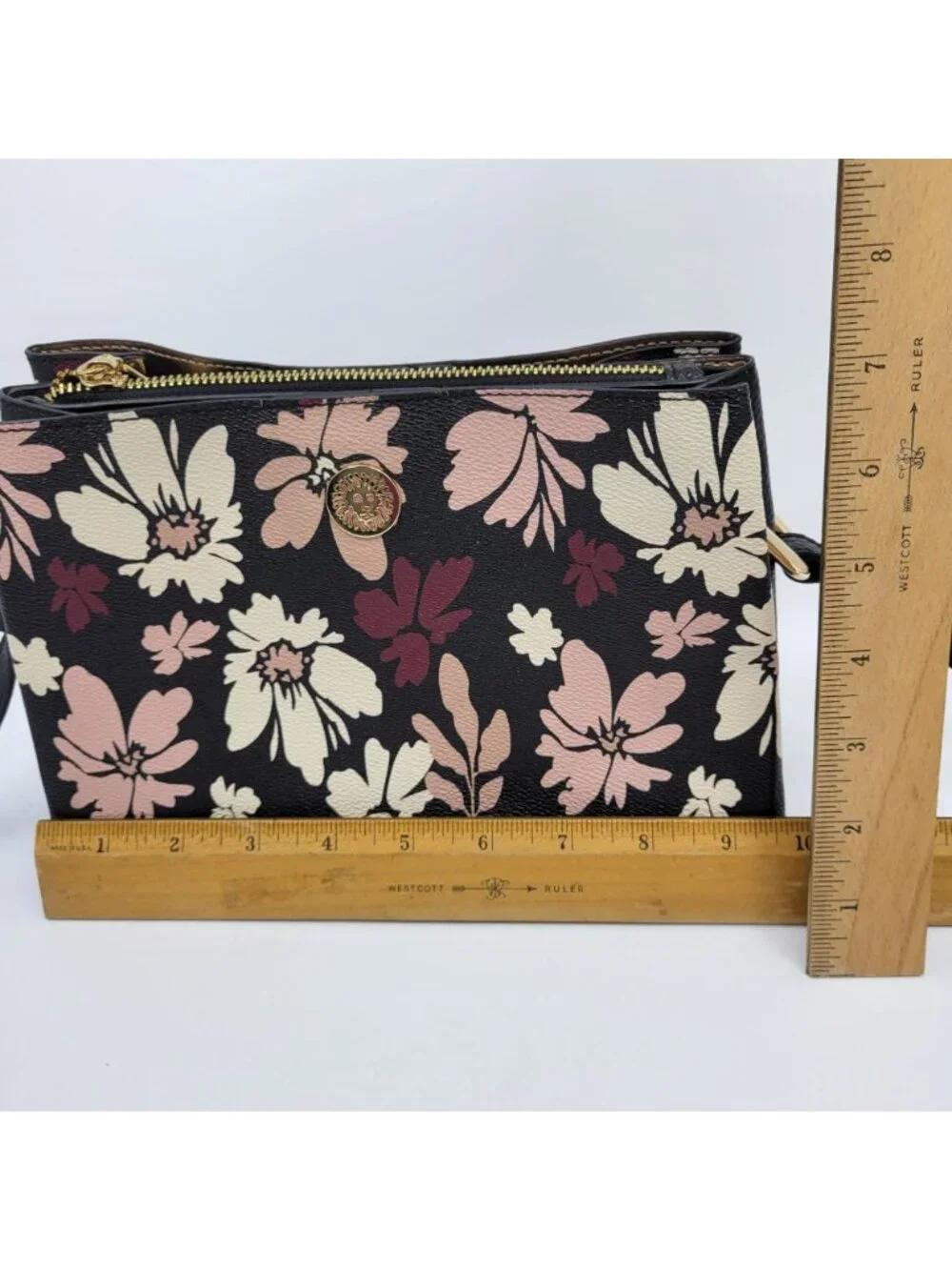 Anne Klein Black Floral Crossbody Bag Adjustable Strap Gold Hardware